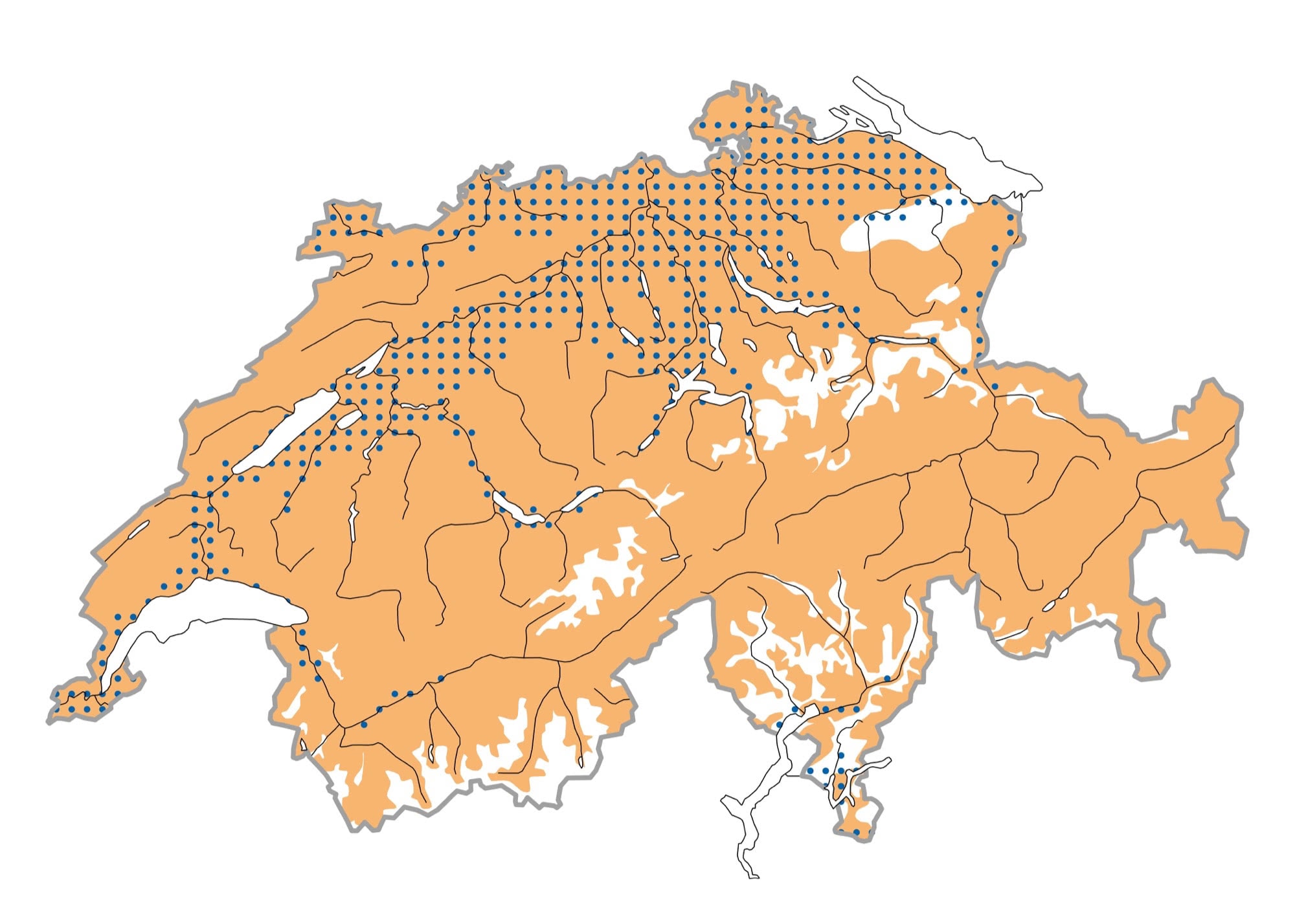 Schematisierte Verbreitung zur Brutzeit (ocker), im Winter (blau punktiert) oder zu den Zugzeiten (weinrot punktiert). Quelle: Vogelwarte Image